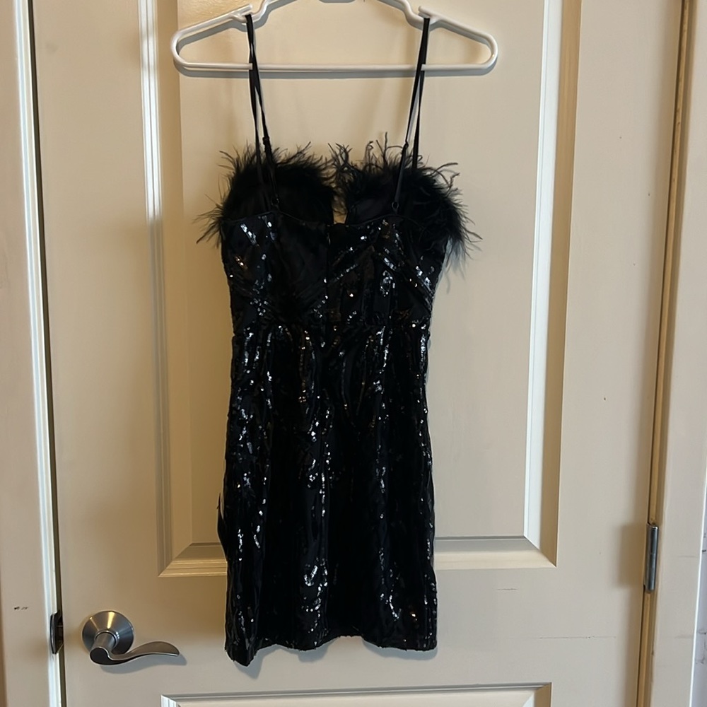 Lulus Shining Presence Black Sequin Feather Bodycon Mini Dress - Picture 6 of 7